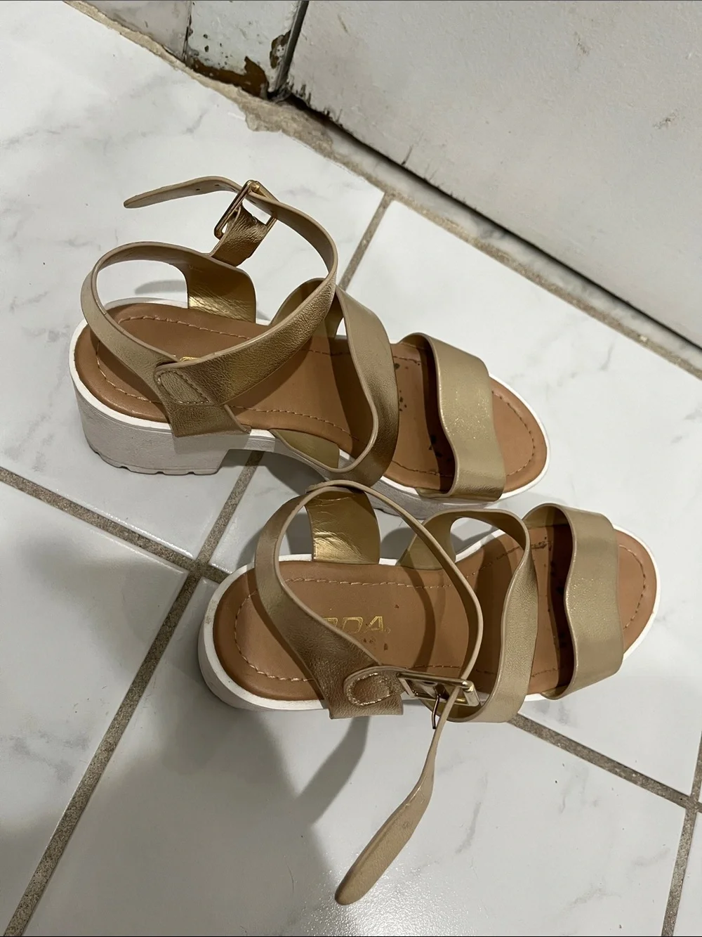 Soda Metallic Gold Platform Sandals with White Lug Sole